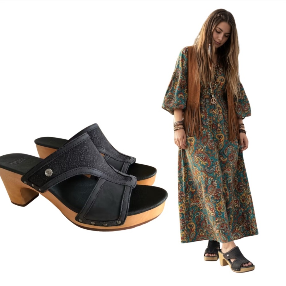 UGG Issa Mosaic Leather Wooden Clogs – Size 9 (Excellent Condition)